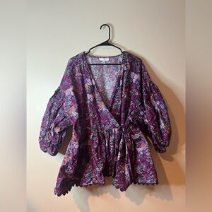 Kika Vargas x Target Plum Floral Puff Sleeve Wrap Top NWOT